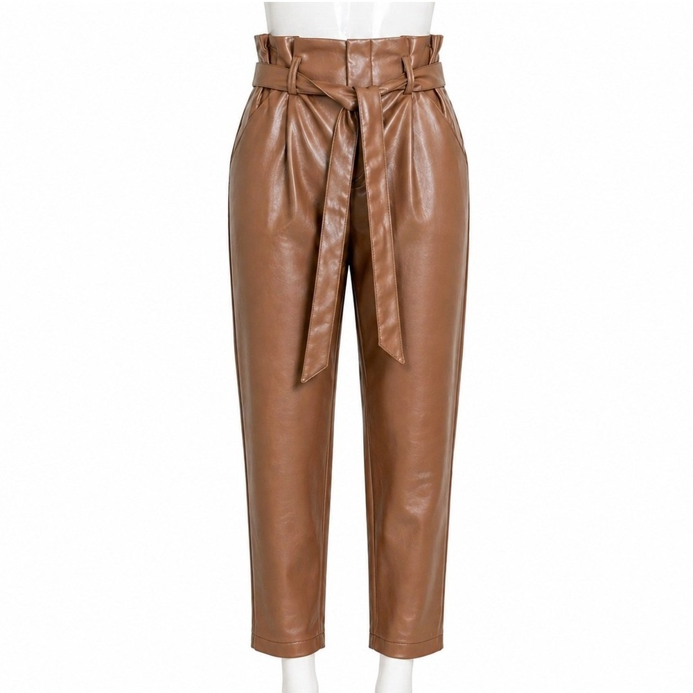 Lucy Paris Faux Leather Pants Womens XS Brown Paperbag Waist Tie Cropped Tapered